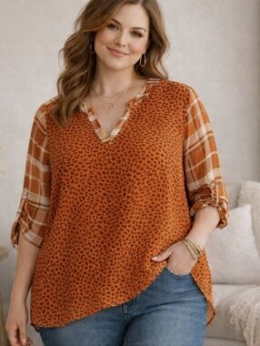 Cato Orange Mixed Print Blouse V-Neck 3/4 Sleeve Size 18/20W